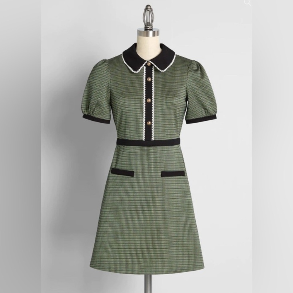NWT Modcloth Scholastic Classic Collared Babydoll Dress Green Houndstooth Sz 3X